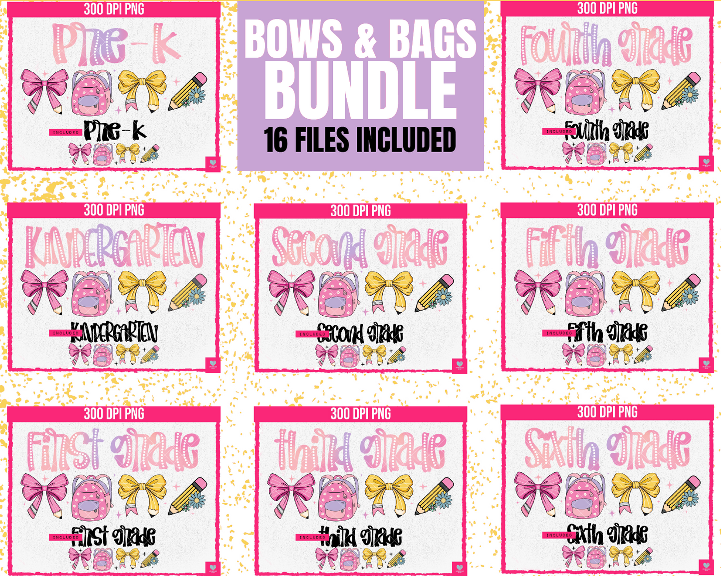 BUNDLE: Pencil Bows (16-pack)- July2024 - PNG - Digital Design