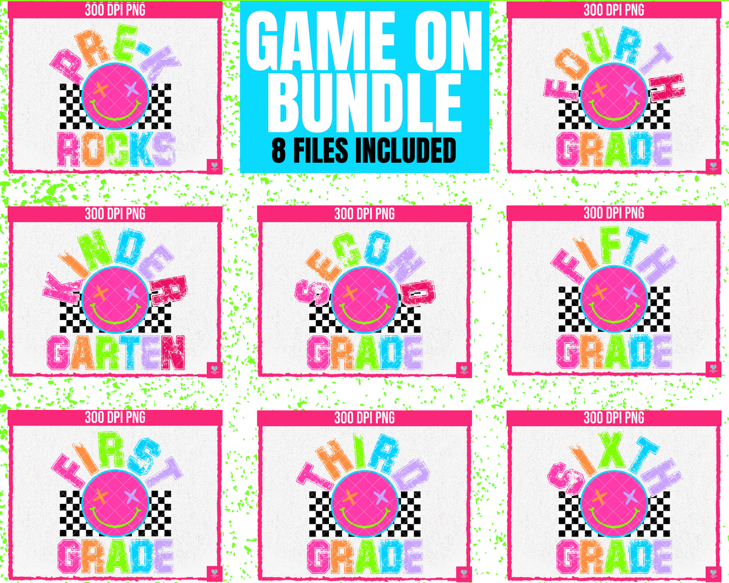 BUNDLE: Neon Smiley School Grades (8-pack)- July2024 - PNG - Digital Design