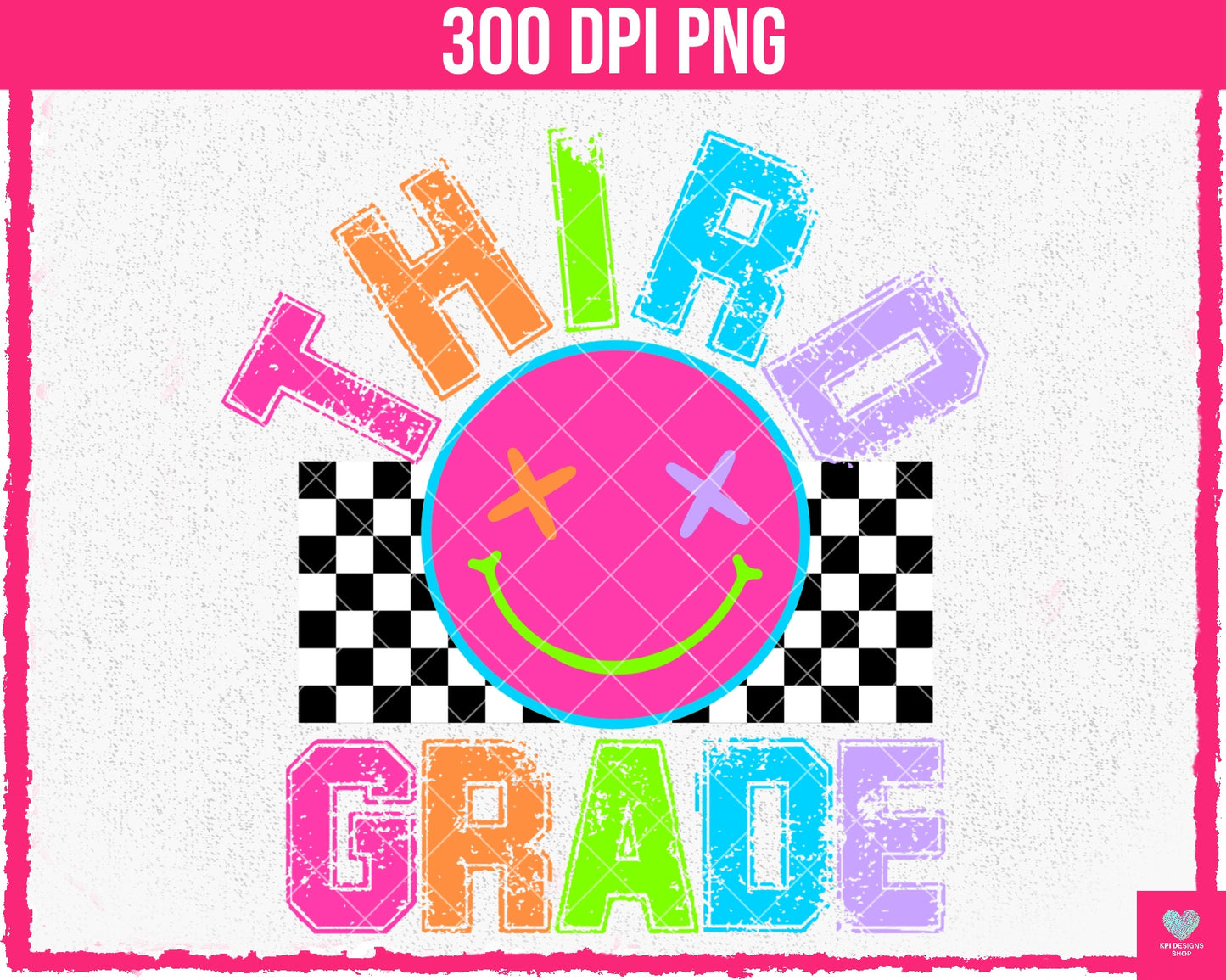 Third Grade Neon Smiley - July2024 - PNG - Digital Design