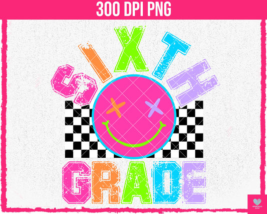 Sixth Grade Neon Smiley - July2024 - PNG - Digital Design