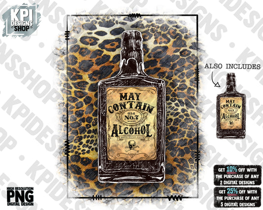May Contain Alcohol (2-Pack) - Leopard Print - Vintage Whiskey Bottle - Country Music Concert - PNG - Digital Design
