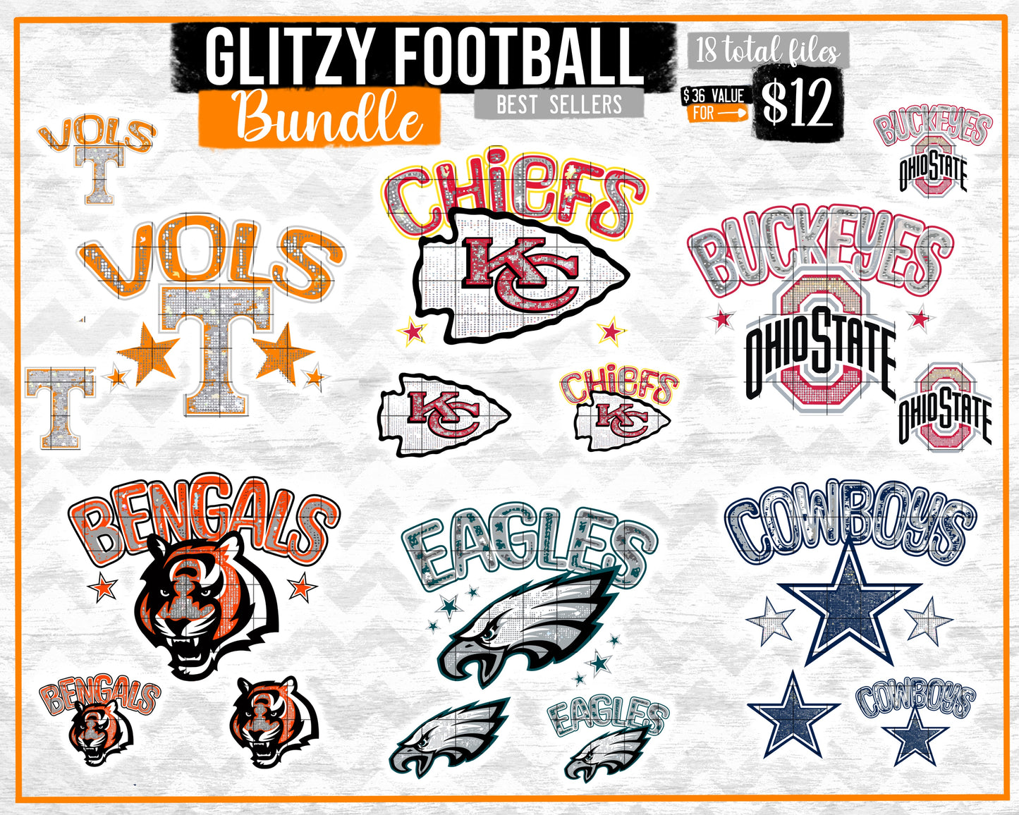 Glitzy Football Bundle (18 Files) - July2024 - PNG - Digital Design (Personal Use Recommended)