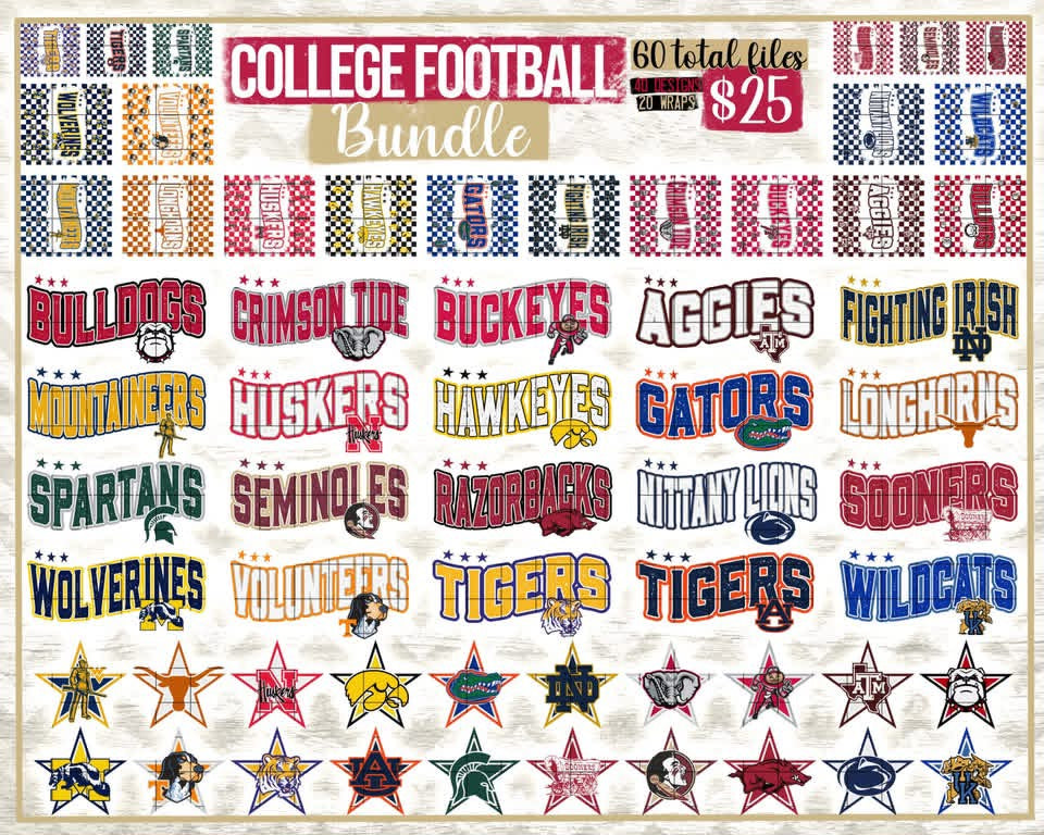 BUNDLE: COLLEGE FOOTBALL WAVY (20 TEAMS) - PNG - Digital Design (Personal Use Recommended)