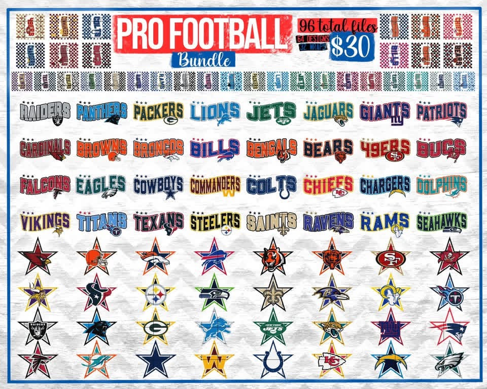 BUNDLE: PRO FOOTBALL WAVY (ALL TEAMS) - Jan2025 - PNG - Digital Design (Personal Use Recommended)