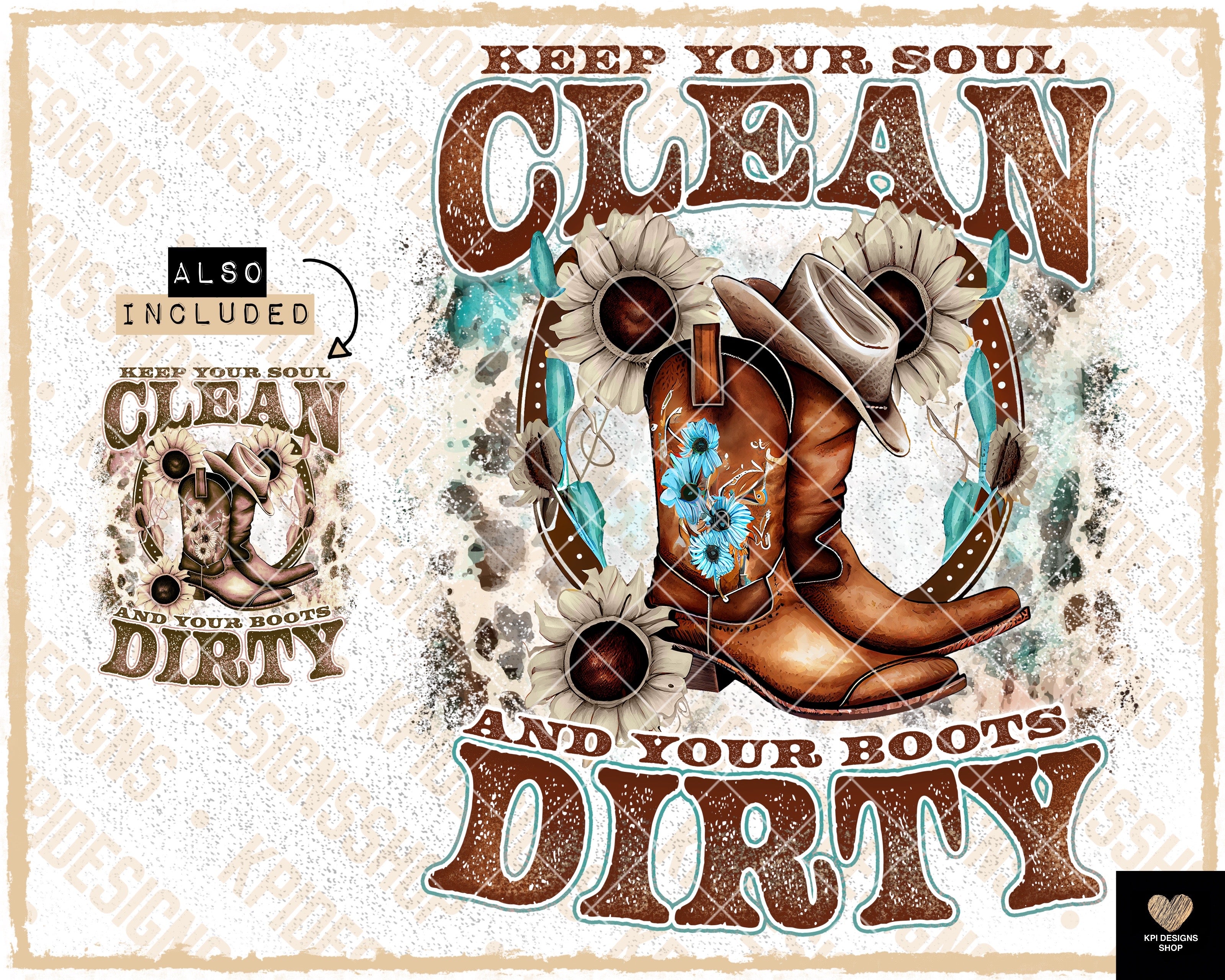 Keep Your Soul Clean Make-up-Tasche – Retro Western Design Mit Blumenstiefeln – 19x25 Cm, Leinenstoff
