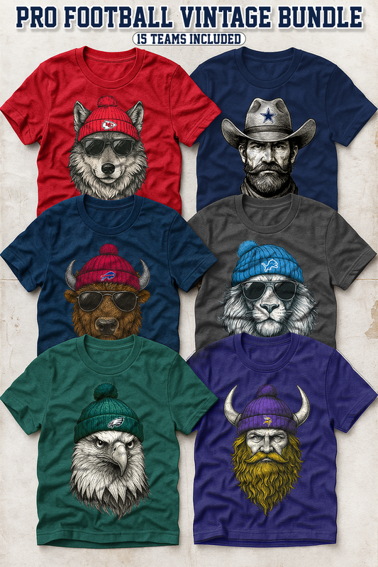 BUNDLE: Pro Football Vintage Mascot - (22 Teams) - July2025 - PNG - Digital Design (Personal Use Recommended)