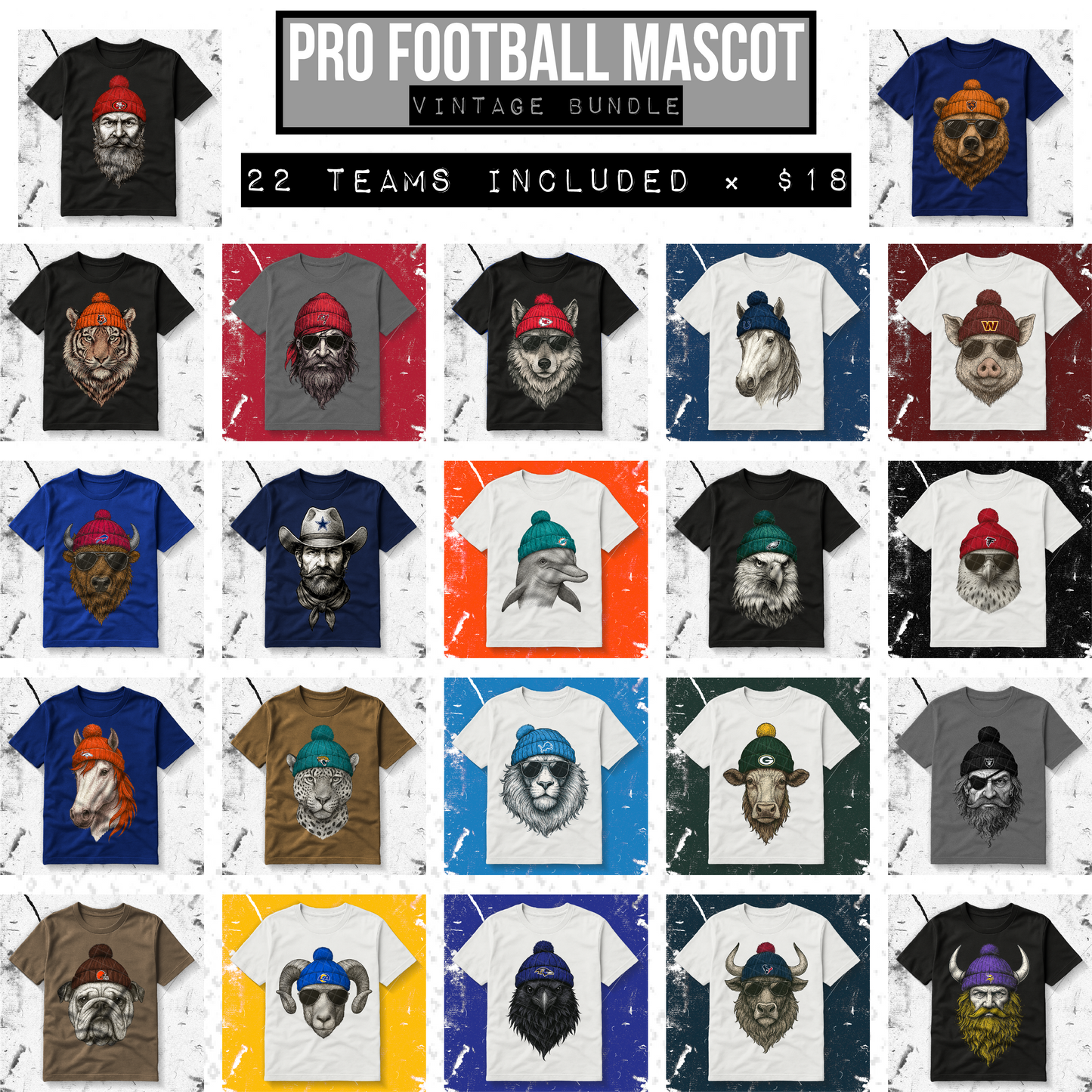 BUNDLE: Pro Football Vintage Mascot - (22 Teams) - July2025 - PNG - Digital Design (Personal Use Recommended)