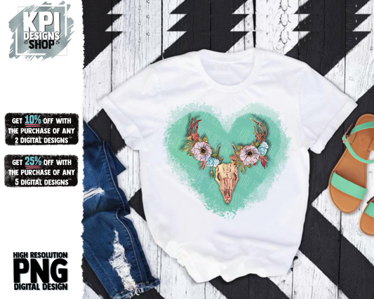 Western Floral Skull & Heart (3-pack) - PNG - Digital Design