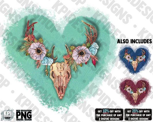 Western Floral Skull & Heart (3-pack) - PNG - Digital Design